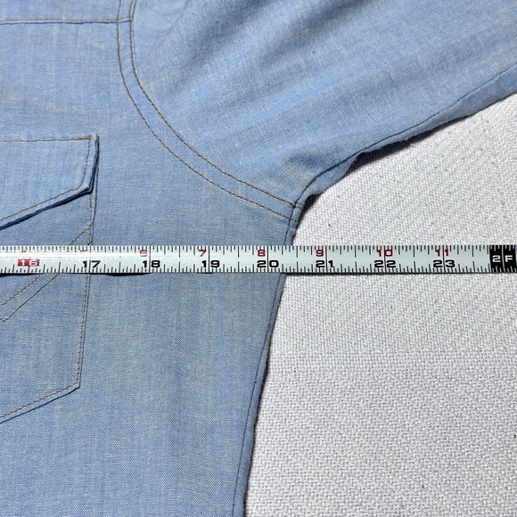 Vintage 80s Wrangler Pearl Snap Shirt Mens 15.5-32 Chambray Western Flap Pocket - Picture 7 of 11